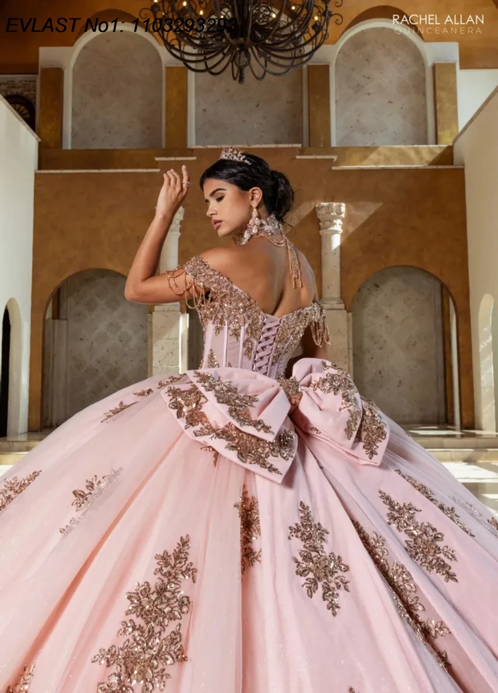 فستان Quinceanera وردي لامع مخصص من EVLAST فستان حفلة مزين بالدانتيل الذهبي مطرز بفيونكة حلوة 16 فيستدوس دي 15 أنوس E1QN766 #2