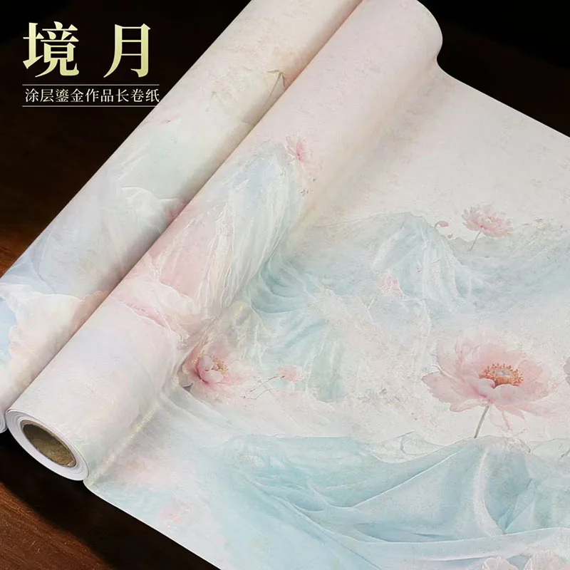Chinese Landscape Pattern Xuan Paper Roll, Half-Cooked Rice Paper, 34cm x 10m Long Scroll for Calligraphy & Brush Painting