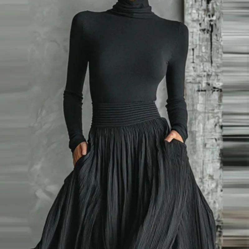 Causal Long Sleeve Draped Long Skirt Suit Women Elegant Pocket Solid 2Pc Set Fashion Turtleneck Long Sleeve Top + Skirt Outfits