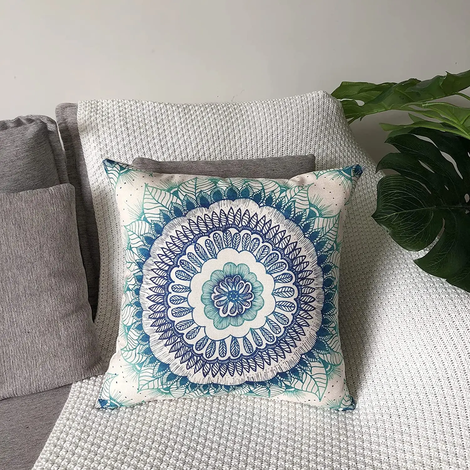 Blue Mandala Linen Cushion Cover for Car Living Room Sofa Bedroom Home Decor, 40x40 45x45 50x50 60x60 Pillowcase