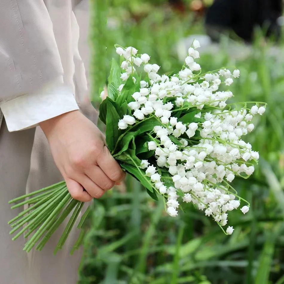 6PCS Artificial Lily of The Valley Faux Flowers Wind Chime Orchid Wedding Bouquet May Flower for Home Garden Wedding Party Decor