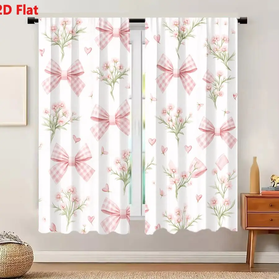 2Pcs Curtains 2D Flat Pastel Pink White Gingham Bows Floral Sprigs Hearts Butterflies Seamless Pattern For Wallpaper Fabric Wind