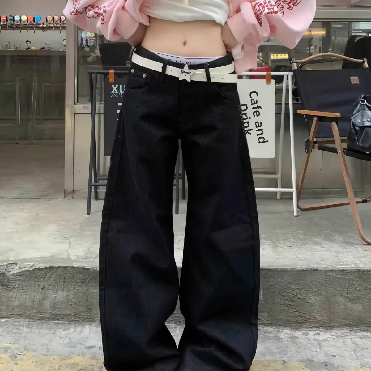 American Retro Letter Cross Rivet Knife Jeans Wide Leg Loose Slimming Casual Long Trousers Men Women Straight Cut Denim