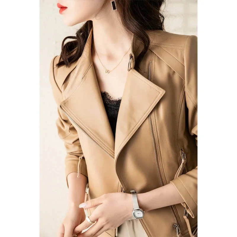 Genuine Leather Jacket Women Spring Autumn 2023 100% Sheepskin Coat Female Motorcycle Coats and Jackets Khaki Chaquetas De Mujer