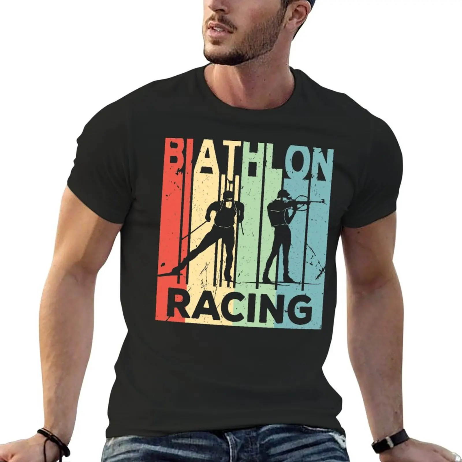 Biathlon Racing Vintage Retro T-Shirt blue archive sports fans tops anime figures t shirt men