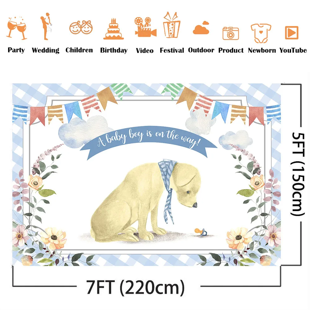 Labrador Baby Shower Backdrop A Baby Boy is on The Way Retriever Dog Photo Background Newborn Children Kids Photo Booth Backdrop