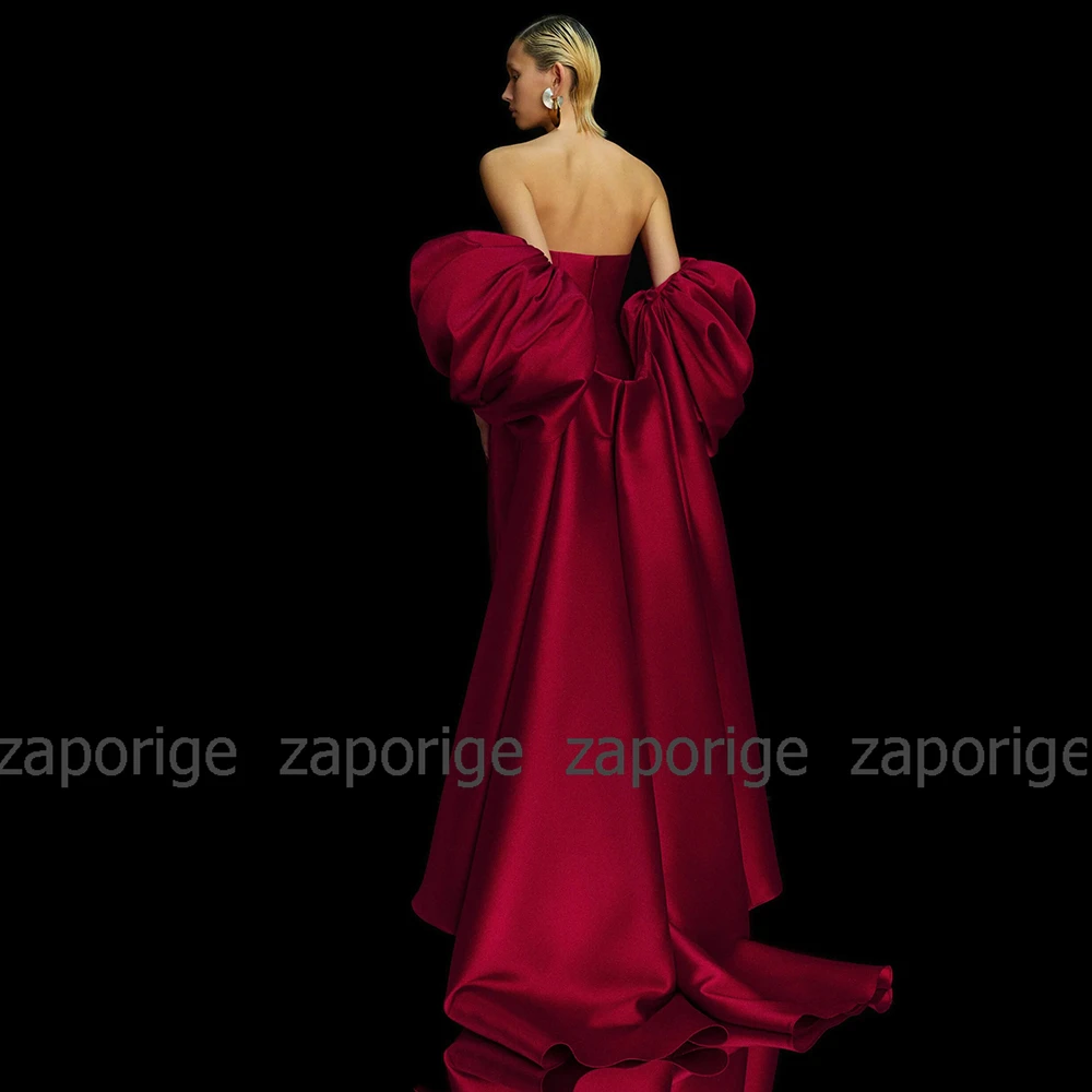 Elegant Prom Dresses 2024 Burgundy Satin Lantern Sleeve Bespoke Occasion Gown Straight Strapless Ankle Length Dresses