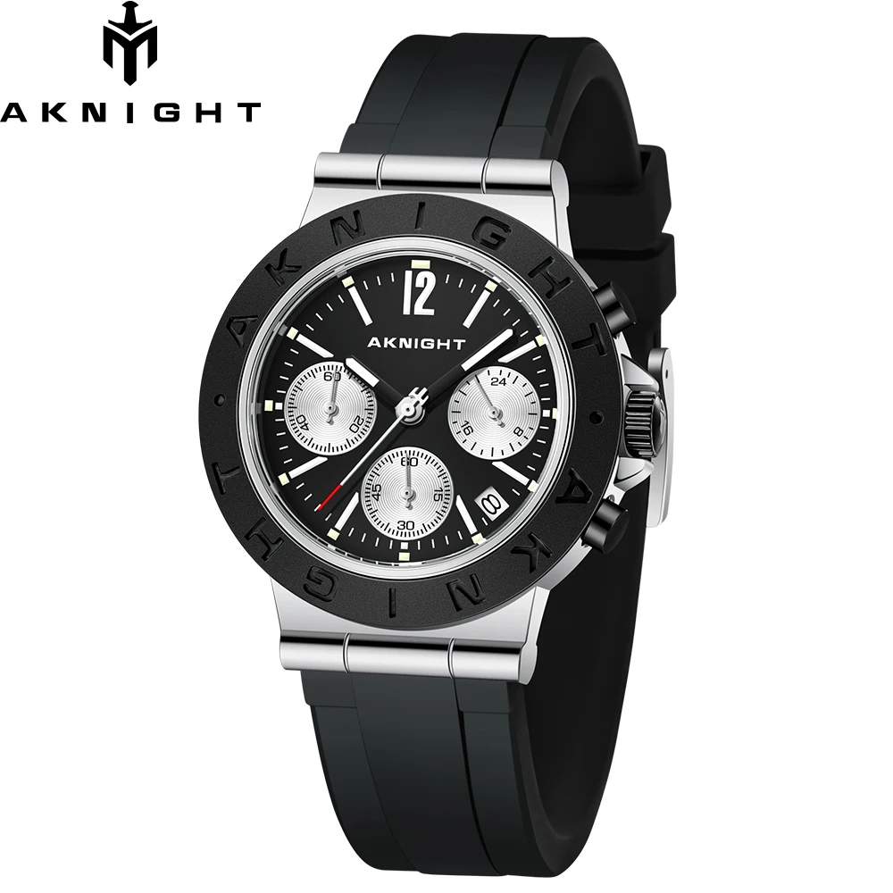 AKNIGHT New Sport Watch for Man Black Silicone Strap Quartz Movement 5ATM Waterproof Waches with Date Chronograph Clock Relogio