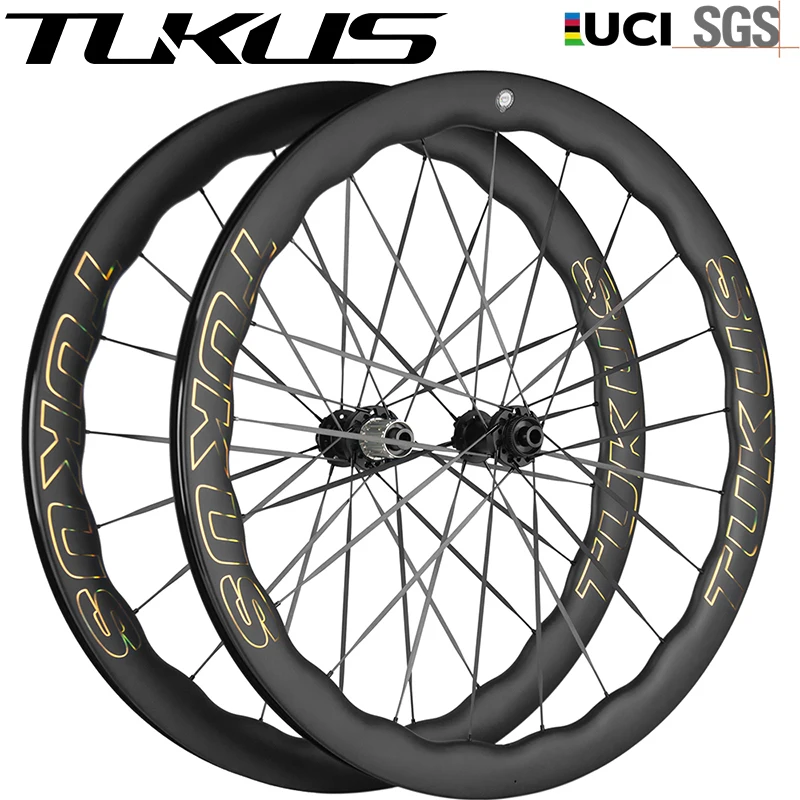 

Tukus Wheelset Disc Brake Wheels 700c Bicycle Wheelsets Black Gold Big Wave Road Bike Wheelset Carbon fiber spoke RATCHET 52T