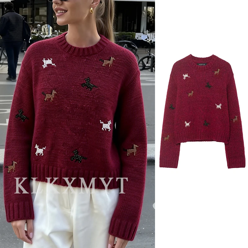 

Women Chic Burgundy Sweater Pullover 2026 Winter Spring O-Neck Long Sleeves Sweater For Women New Year Elegant Hight Street Top