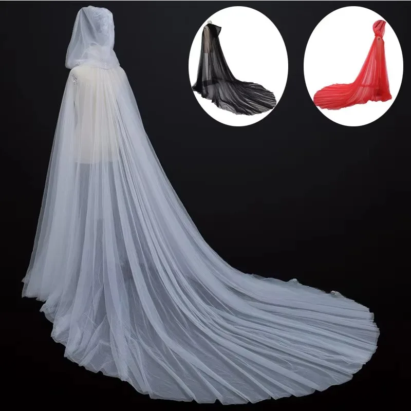 Halloween Costume for Women Hood Tulle Cape Cloak Black White Red Wedding Bridals Floor Length Soft Mesh Christmas Cloaks
