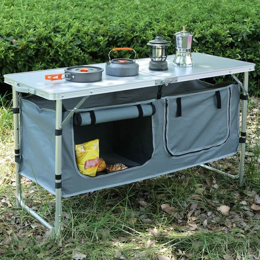 

Folding Camping Table with Storage, Portable Kitchen Lightweight, 3 Heights Adjustable Camping Furniture