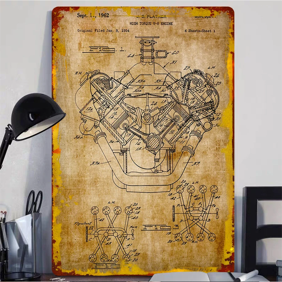 Patent V8 Engine Sign Car Poster Vintage Home Decor Items Custom Metal Tin Signs for Wall Art Decoration Gaming Room Decoration