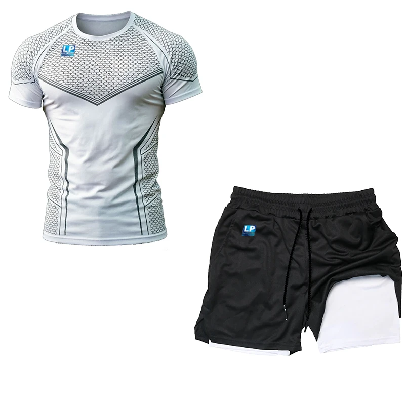 LP SUPPORT Men's Summer Slim-Fitting Fitness T-Shirt Set, with icy texture and quick-drying properties, suitable for running and