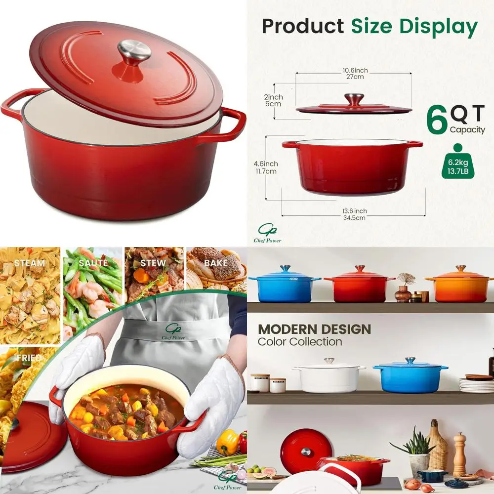 

6-литровая эмалированная чугунная голландская духовка — выпечка хлеба, тушения, тушения, жаровня, безопасная для духовки — красная градиентная отделка