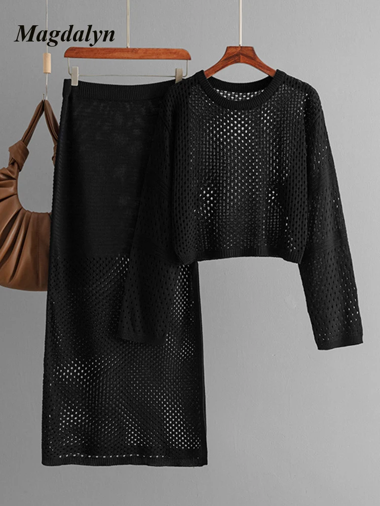 Magdalyn Summer Hollowed Knitwear Skirt Two-piece Sets Casual Commuting Round Neck Long Sleeve 2024 New Soild Kint Sweater Suits