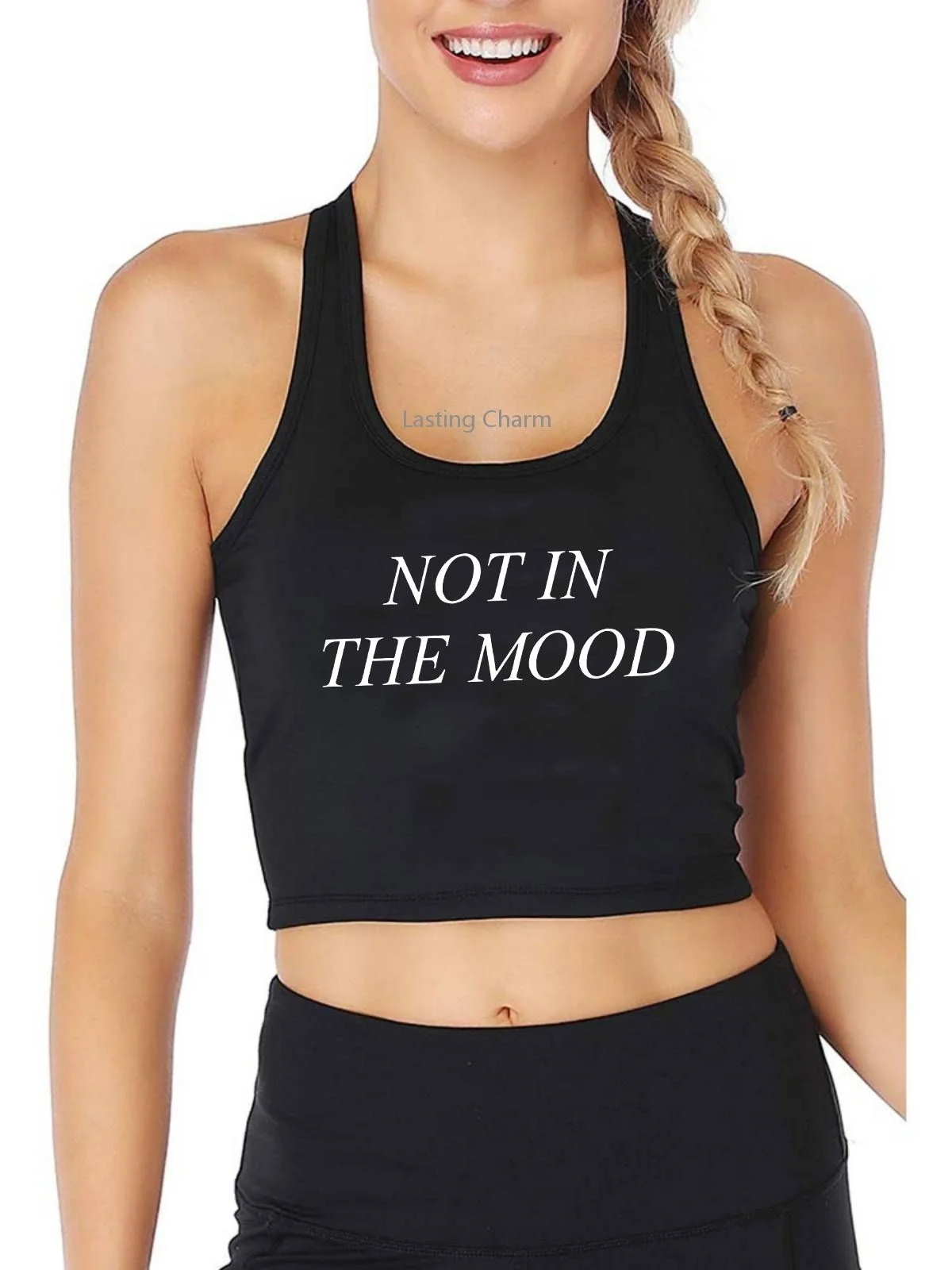 Not in The Mood Print Tank Top Women's Funny Yoga Sports Workout Crop Top Gym Tee