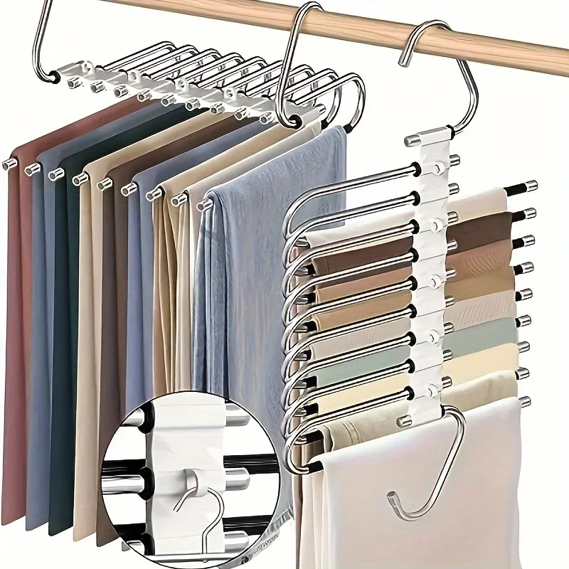 Multifuncional 9 Camadas Calças Rack, Folding Aço Inoxidável Polido, Ferramenta de Armazenamento e Gancho, S-Shaped Wardrobe Dispositivo De Armazenamento