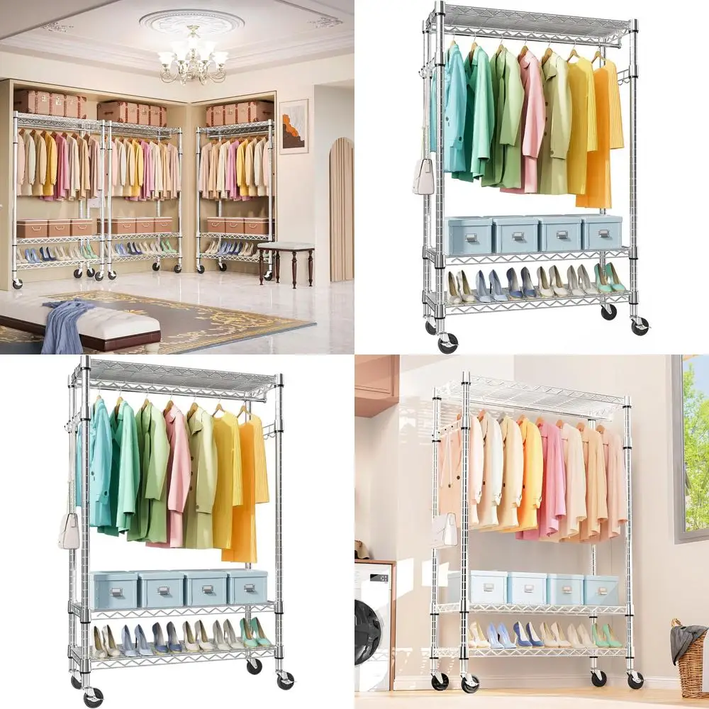 

Регулируемая 3-ярусная передвижная вешалка для одежды с хромированной отделкой, 17,7 глубина x 47,2 ширина x 83,6 высота (дюймы)