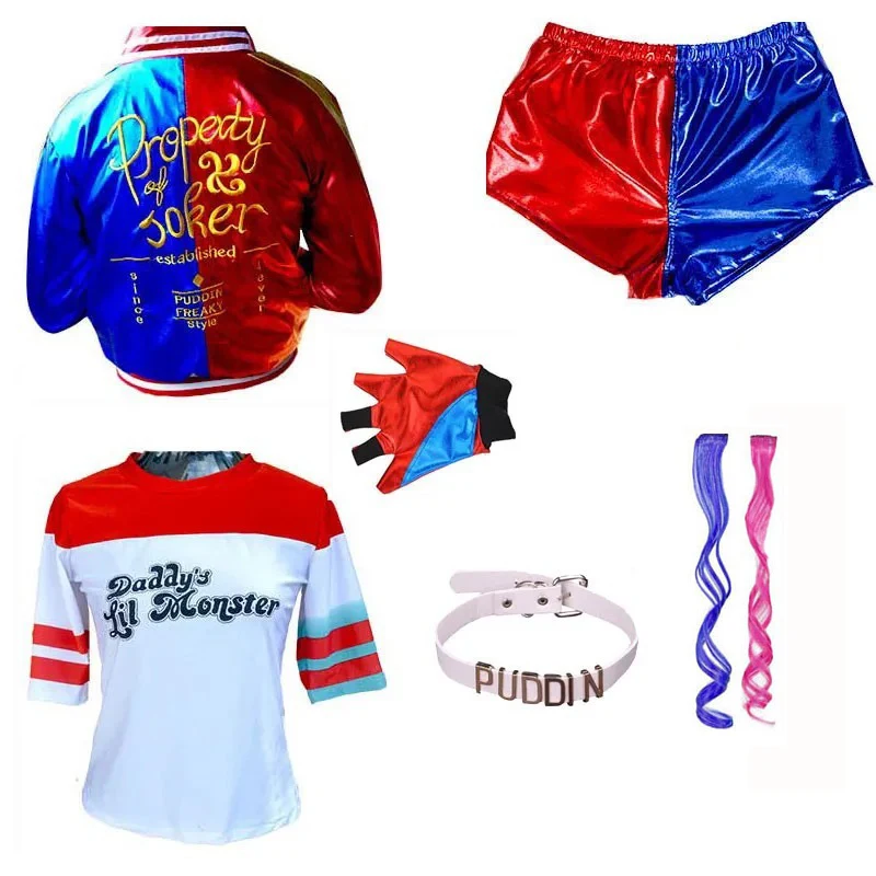 Girls Women Suicide Cosplay Harleys Costumes Kids Adult Quinns Monster Embroidery Jacket Pants Sets Carnival Anime Costume