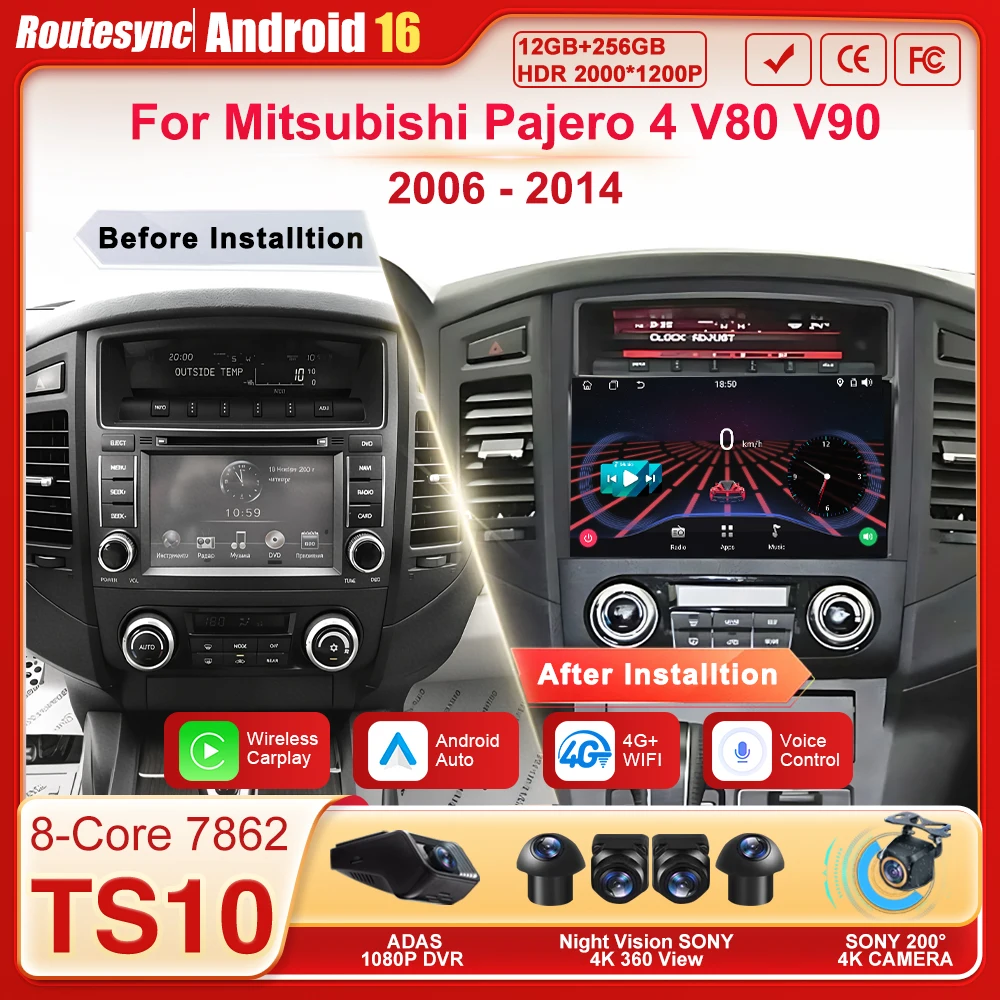 

Беспроводная автомагнитола с CarPlay и Android 16 для Mitsubishi Pajero 4 V80 V90 2006-2014, сенсорный экран, GPS, Wi-Fi