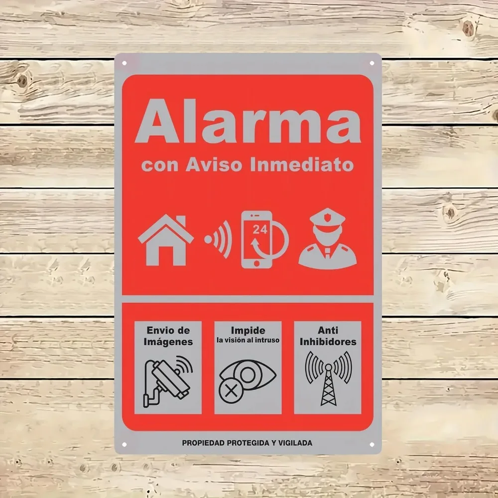 Placa de alumínio para decoração de parede, vermelha e cinza, com gráfico espanhol de alarme 24h da polícia, efeito enferrujado, para decoração externa de jardim de villa.
