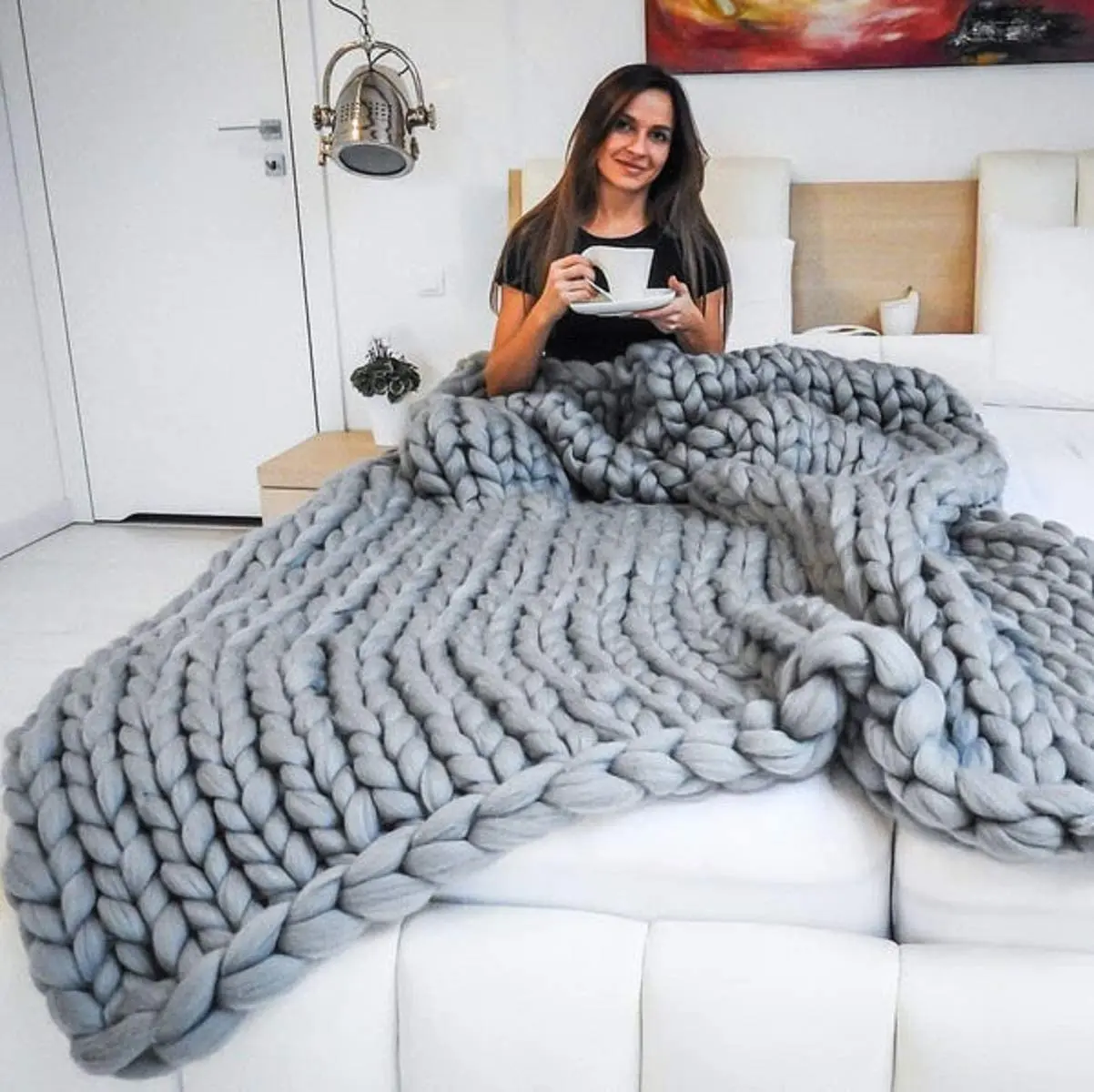 Handmade Chunky Knit Blanket Large Thick Wool Bulky Knitting Throw for Bedroom Decor Pet Bed Chair Mat Rug Grey