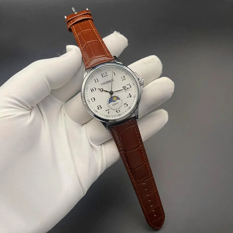 Orologio da uomo nuovo Orologio al quarzo di tendenza per il tempo libero, orologio Sun Moon Star, orologio in vera pelle, orologio rotondo in acciaio inossidabile, regalo di compleanno