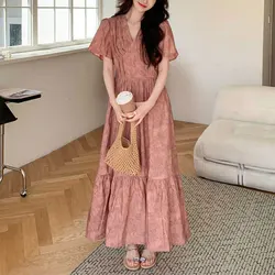 Elegant V-Neck Stylish Folds Dresses Female Clothing Short Sleeve Summer A-Line Waist Vintage Broken Flowers Spliced Long Dress