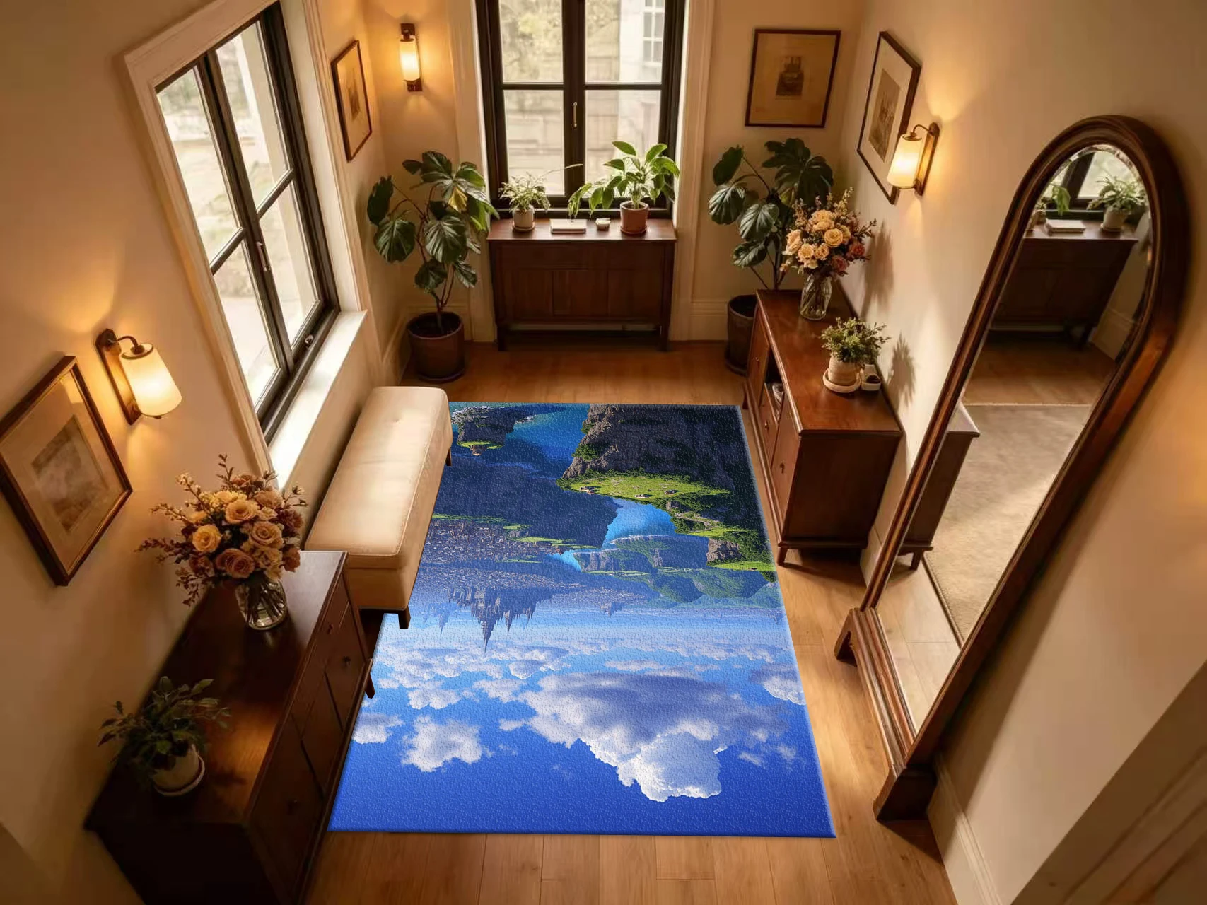 Fantasy Cliff Coastal Ancient City Carpet Flooring Blue Sky Cloud Mountain Seaside Town Landscape Floor Rug Scenic Home Decoration