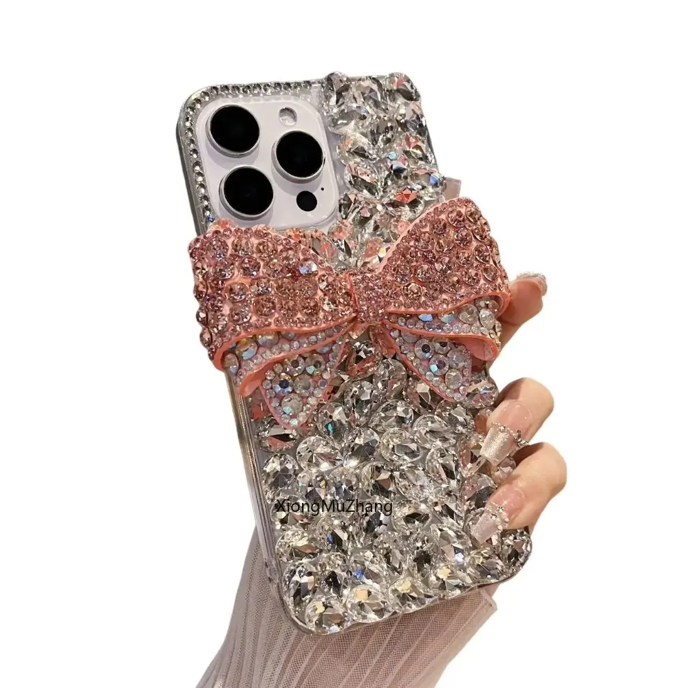 Vollständig mit Diamanten besetzte Handyhülle für iPhone 11 12 13 Mini 14 15 Pro Max 16 18 17 Pro Max Xs Max Luxuriöse Handgefertigte Schleifen-Handyhülle mit Kristallen – Detail 3