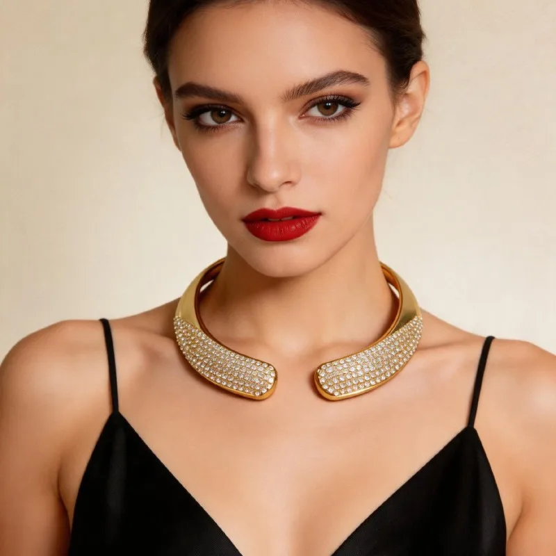 Fashion Exaggerated Metallic Shiny Rhinestone Double Headed Oval Opening Necklace Bracelet Luxurious High End Women Jewelry Gift