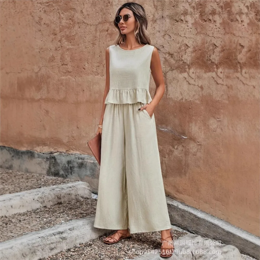 

Летние топы для женских костюмов, модные топы без рукавов с пуговицами сзади, повседневные свободные широкие брюки, комплект из 2 предметов, женский