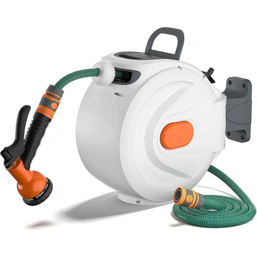 

Выдвижная катушка для садового шланга, настенная, 1/2 дюйма x 100 футов, система автоматического блокировки и медленного втягивания, 8-функциональная распылительная насадка, 180 ° Sw