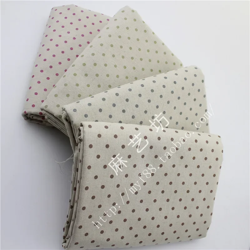 Linen and Cotton Blend Fabric with Brown Polka Dots and Grid for Handmade Crafts,140x50cm