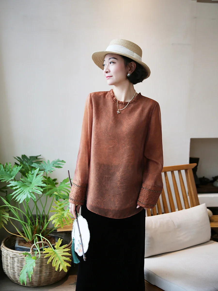 

Double Layer Comfortable Skin-Friendly Loose Long Sve Chiffon irt Faionable Simple Sle Women's Mid-Length round Ne