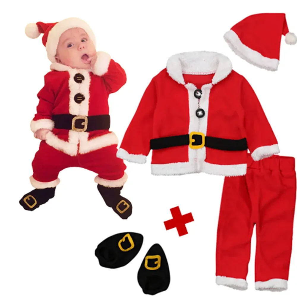 Vermelho Natal Cosplay fantasia para recém-nascido bebê, menina roupas, chapéu, tops, calças, meia roupa, terno, veludo, ano novo, meninos, roupas, terno, 2024