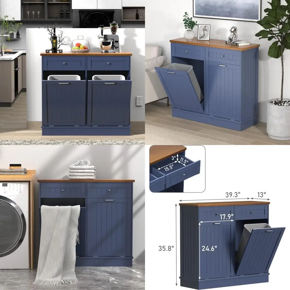 

Antique Style Beadboard Kitchen Island with Solid Wood Top and Drawer, Pet-Resistant Trash Can, Wooden Laundry Hamper