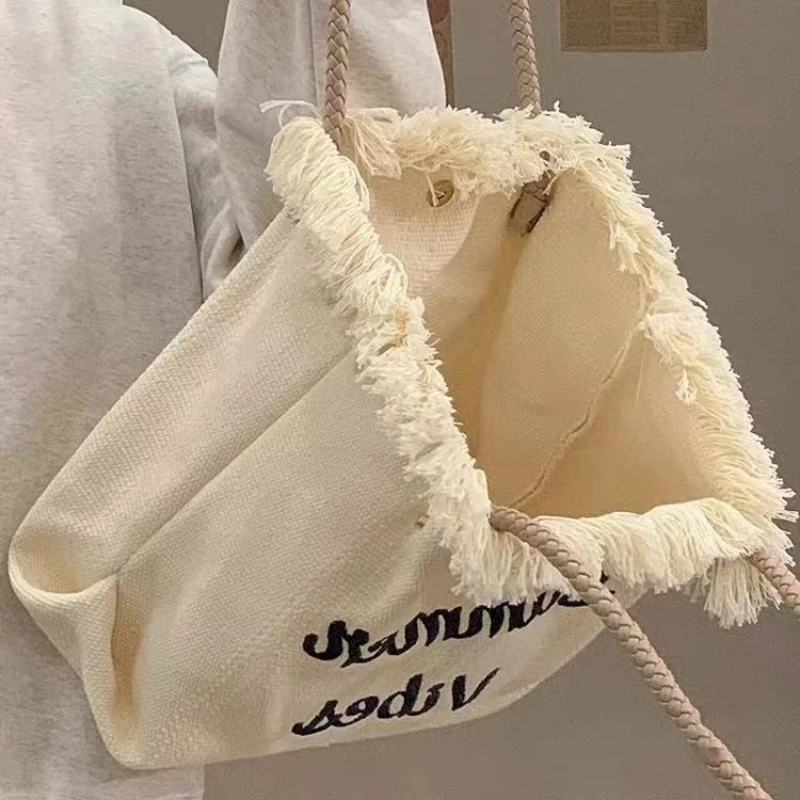 Letter Shopping Bag Designer Tassel Chic Shoulder Underarm Large Capacity Canvas  All-match Shopper Daily Woven Pouch Retro