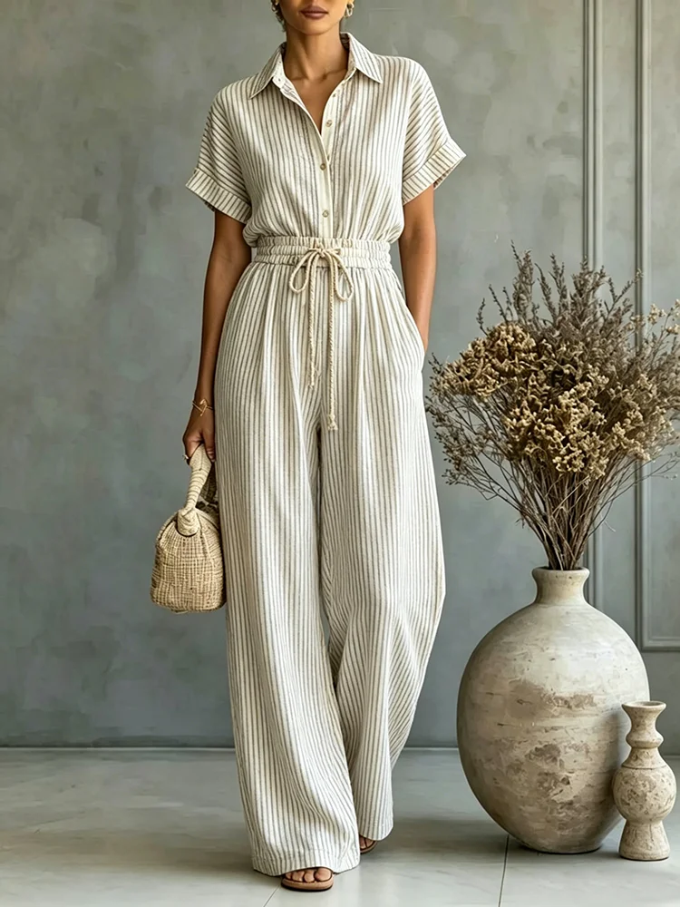 

Women's Casual Vertical Striped Two Piece Set Drawstring Wide Leg Pants & Short Sleeve Button Shirt Summer Versatile Outfit