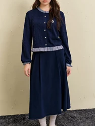 DUSHU Women Winter Knitted Tops Sets Patchwork Design Short Sweater Cardigan Zipper Waist Long A-LINE Skirts 24DS84634+24DS84635