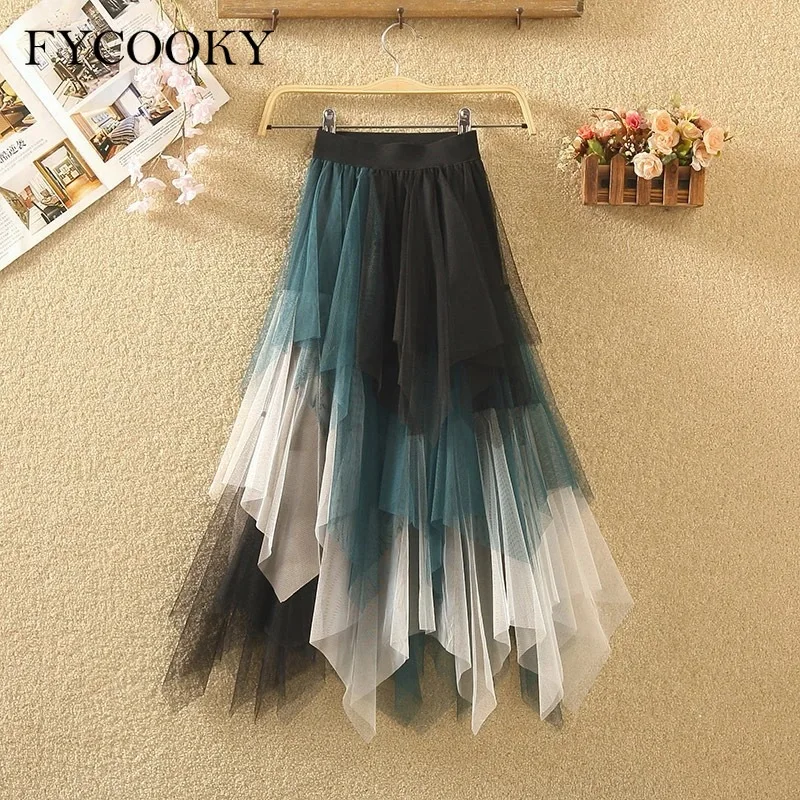

2025 Women Skirt Spring Summer Mesh Irregular Skirt Korean Style Solid Cake Pleated Skirts Woman