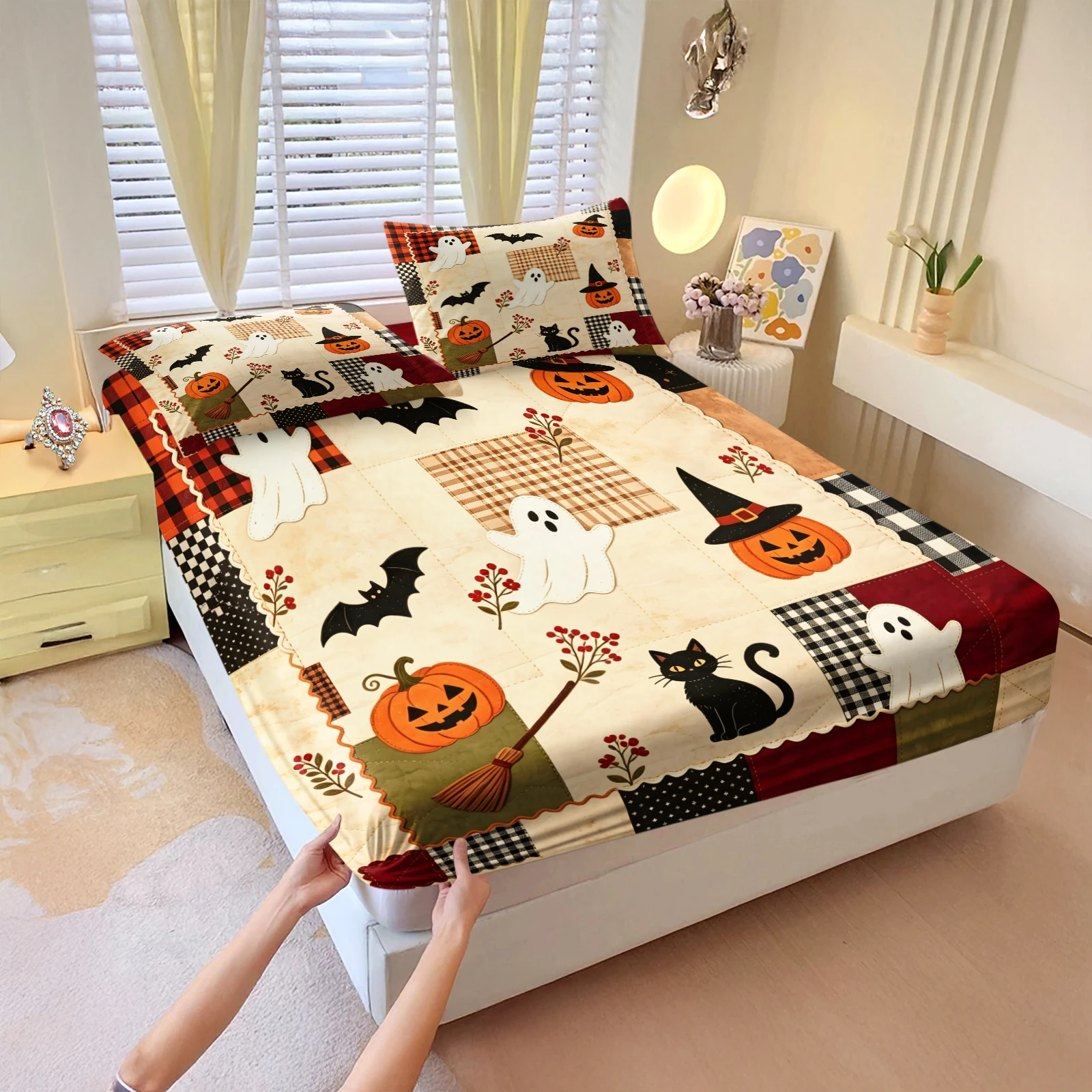 Halloween Fitted Sheet Set Retro Patchwork Ghost Pumpkin Black Cat Bat Print Deep Pocket Elastic Mattress Cover with Pillowcases