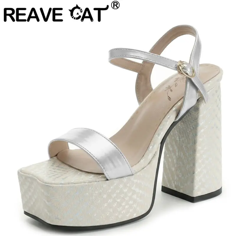REAVE CAT Silver Female Sandals Square Toe 12.5cm Chunky Heel 4.5cm Platform Buckle Strap Plus Size 44 45 46 Sexy Dating Shoes
