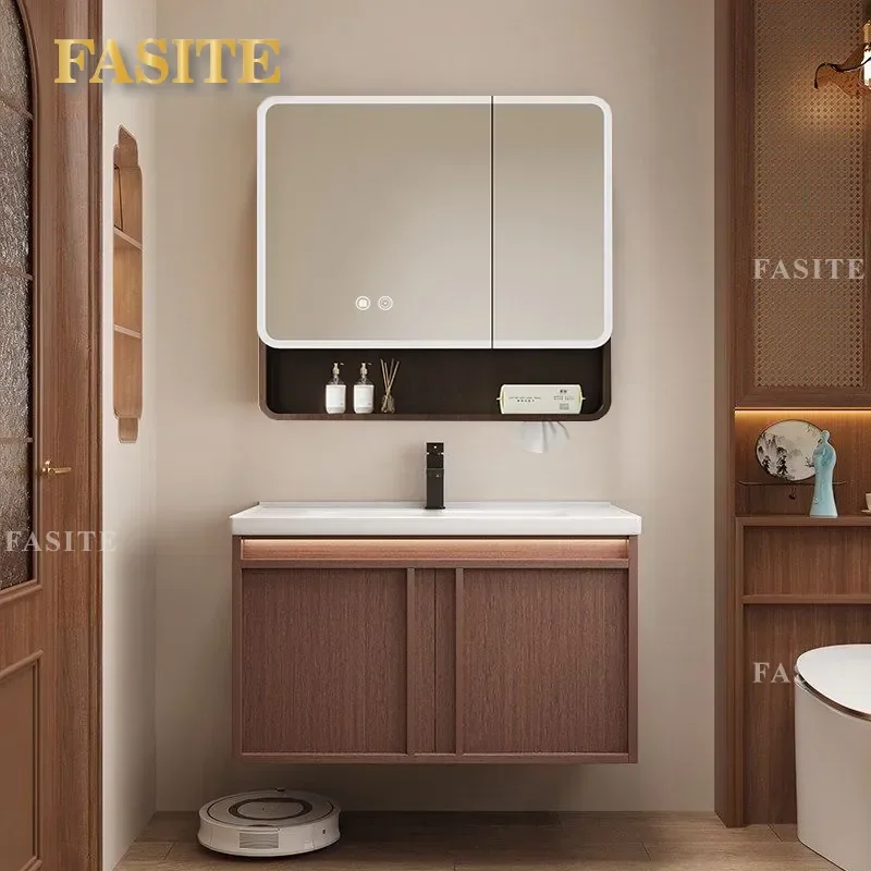 For Medieval New Chinese Style Thickened Walnut Honeycomb Aluminum Bathroom Cabinet Ceramic Integrated Washbasin Combination