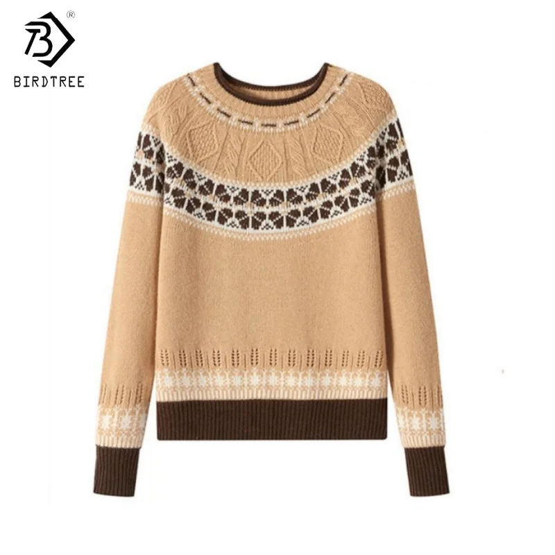 

Birdtree, вязаный свитер из 100% овечьей шерсти, женские жаккардовые теплые топы в стиле ретро, с круглым вырезом и длинными рукавами, осенне-зимний пуловер 2025 T5N304JF