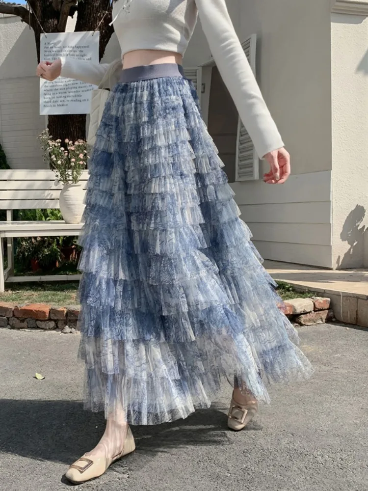 

Blue Dyed Net f Skirt Women's High Waist Slim A-Line Gown Autumn Season Korean Sle Commute Daily Wear with Inner