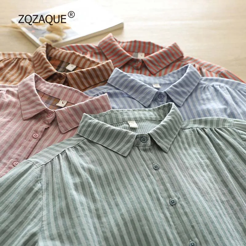 

Women Striped Pattern Summer Tops Casual All-match Half Sleeve Loose Shirt 7 Colors Size S M L Girls Cotton Blouse S134