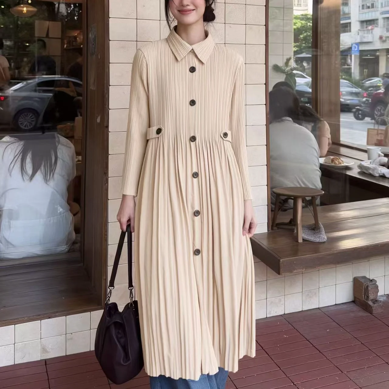 YUDX Miyake Pleated Shirt Dress Women Solid Long Sleeve Collared Loose Single Breasted Side Tab 2026 Spring Autumn Tunic Fresh