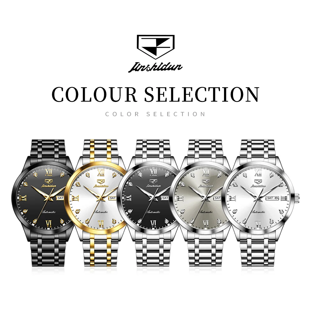 JSUDN 8980 ساعة أصلية فاخرة للرجال أوتوماتيكية بالكامل تقويم مزدوج الماس مقياس روماني مقاوم للماء ساعة ميكانيكية للرجال